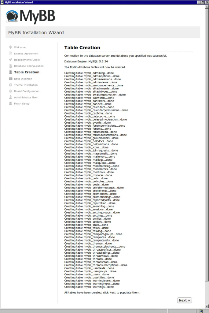 A screenshot of the Table Creation page displayed during the installation of MyBB 1.8, with an unnecessarily long list of names of created tables.